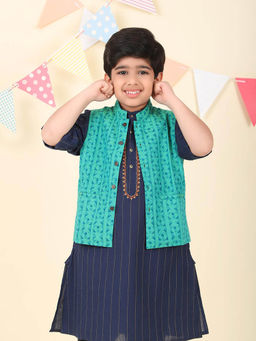Fabindia - Teal Cotton Hand Block Printed Nehru Jacket
