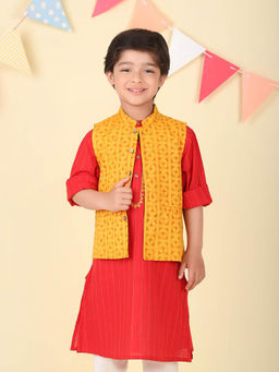 Fabindia - Yellow Cotton Hand Block Printed Nehru Jacket