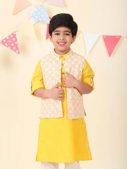Fabindia - Yellow Cotton Hand Block Printed Nehru Jacket