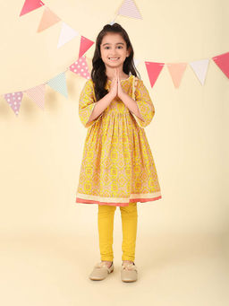 Fabindia - Yellow Cotton Block Printed Kurta and Churidar