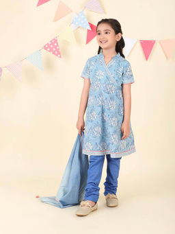 Fabindia - Blue Cotton Hand Block Printed Kurta with Churidar and Dupatta