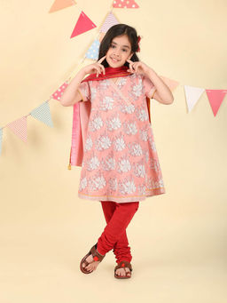 Fabindia - Pink Cotton Hand Block Printed Kurta with Churidar and Dupatta
