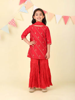 Fabindia - Red Cotton Silk Kurta with Sharara and Dupatta