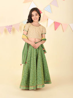 Fabindia - Green Hand Block Printed Choli with Lehenga and Dupatta