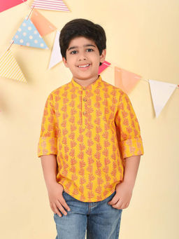 Fabindia - Yellow Cotton Printed Short Kurta