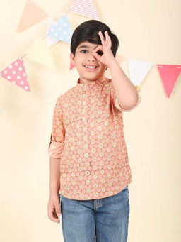 Fabindia - Peach Cotton Printed Short Kurta