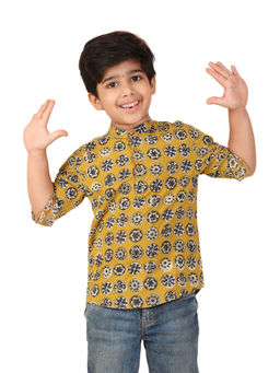 Fabindia - Yellow Cotton Bagru Printed Short Kurta