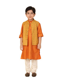 Fabindia - Orange Hand Block Printed Kurta with Nehru Jacket