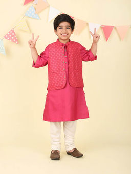 Fabindia - Pink Hand Block Printed Kurta with Nehru Jacket