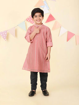 Fabindia - Pink Cotton Silk Blend Stripes Long Kurta
