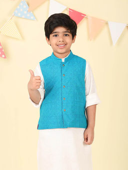 Fabindia - Turquoise Cotton Hand Block Printed Nehru Jacket