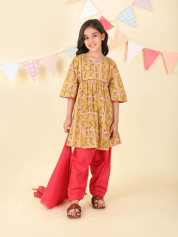 Fabindia - Mustard Cotton Hand Block Printed Kurta with Salwar and Dupatta