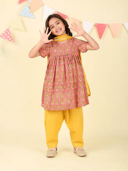 Fabindia - Pink Cotton Hand Block Printed Kurta with Salwar and Dupatta