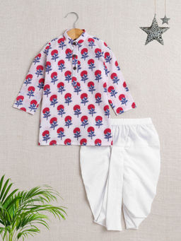 The Magic Wand - White Floral Motifs Printed Kurta with Dhoti