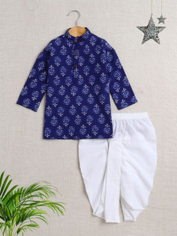 The Magic Wand - Blue Floral Motifs Printed Kurta with Dhoti