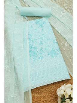 Soch - Womens Blue Cotton Floral Print Thread Work Unstitched Dress Material (Set of 3)