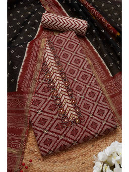 Soch - Womens Maroon Cotton Blend Printed Mirror Work Unstitched Dress Material (Set of 3)