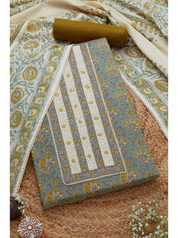 Soch - Womens Green Cotton Blend Floral Thread Work Unstitched Dress Material (Set of 3)