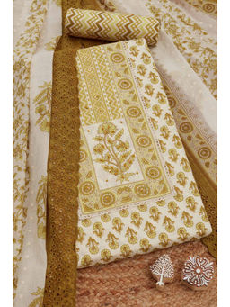 Soch - Womens Olive Cotton Floral Print Thread Work Unstitched Dress Material (Set of 3)