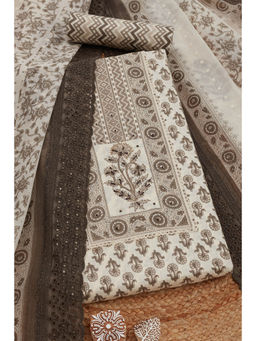 Soch - Womens Brown Cotton Floral Print Thread Work Unstitched Dress Material (Set of 3)