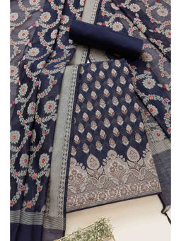 Soch - Womens Navy Blue Chanderi Woven Design Unstitched Dress Material (Set of 3)