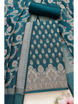 Soch - Womens Teal Chanderi Woven Design Unstitched Dress Material (Set of 3)