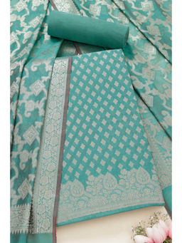 Soch - Womens Teal Chanderi Zari Woven Zari Unstitched Dress Material (Set of 3)