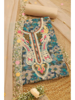 Soch - Womens Teal Chanderi Floral Thread Work Unstitched Dress Material (Set of 3)