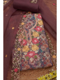 Soch - Womens Wine Chanderi Floral Thread Work Unstitched Dress Material (Set of 3)