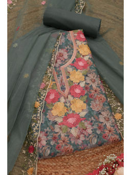 Soch - Womens Teal Chanderi Floral Thread Work Unstitched Dress Material (Set of 3)