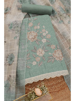 Soch - Womens Turquoise Kota Floral Thread Work Unstitched Dress Material (Set of 3)