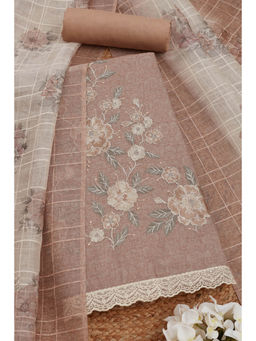 Soch - Womens Brown Kota Floral Thread Work Unstitched Dress Material (Set of 3)