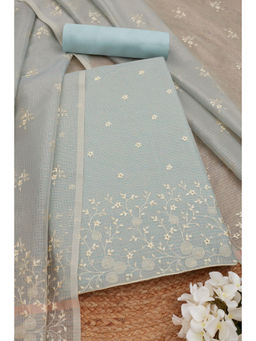 Soch - Womens Blue Kota Shimmer Embroidered Thread Work Unstitched Dress Material (Set of 3)