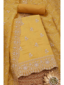 Soch - Womens Mustard Crushed Silk Zari Embroidered Unstitched Dress Material (Set of 3)