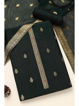 Soch - Womens Green Silk Blend Zari Woven Unstitched Dress Material (Set of 3)