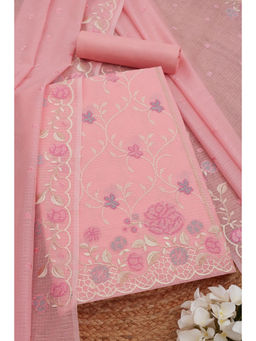 Soch - Womens Pink Kota Embroidered Thread Work Unstitched Dress Material (Set of 3)