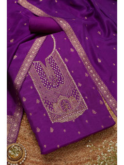Soch - Womens Purple Silk Blend Zari Woven Unstitched Dress Material (Set of 3)