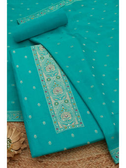 Soch - Womens Turquoise Silk Blend Zari Woven Unstitched Dress Material (Set of 3)