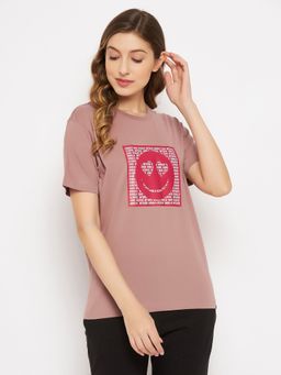 Clovia - Text & Graphic Print Top Pure Cotton Pink