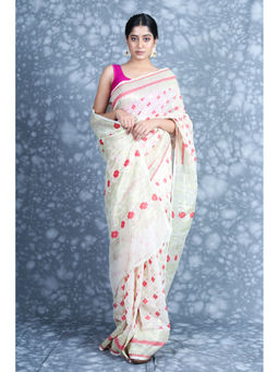 CHARUKRITI - Golden Zari Weaving White Jamdani Saree with Unstitched Blouse