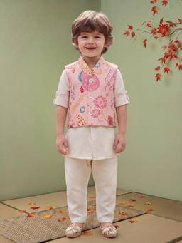 ETHNIKS NEURON - Boys Pink Linen Mandarin Neck Kurta with Trouser and Nehru Jacket