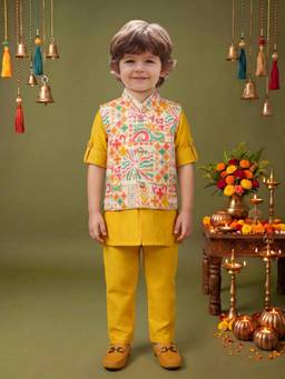 ETHNIKS NEURON - Boys Yellow Silk Blend Kurta with Trouser and Nehru Jacket