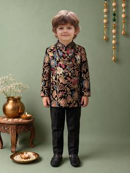 ETHNIKS NEURON - Boys Black Velvet Mandarin Neck Kurta with Pyjama