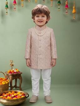 ETHNIKS NEURON - Boys Pink Cotton Silk Mandarin Neck Sherwani with Pyjama