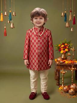 ETHNIKS NEURON - Boys Red Satin Mandarin Neck Sherwani with Pyjama