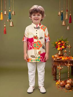 ETHNIKS NEURON - Boys Pink Linen Mandarin Neck Kurta with Pyjama