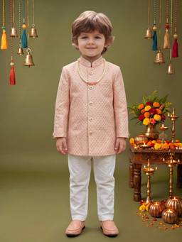 ETHNIKS NEURON - Boys Peach Satin Mandarin Neck Sherwani with Pyjama
