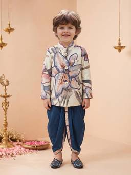 ETHNIKS NEURON - Boys Blue Dupion Silk Mandarin Neck Kurta with Dhoti