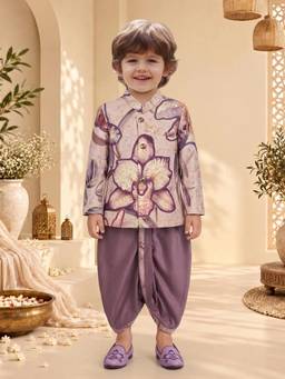 ETHNIKS NEURON - Boys Lavender Dupion Silk Mandarin Neck Kurta with Dhoti