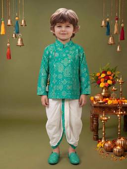 ETHNIKS NEURON - Boys Green Cotton Blend Mandarin Neck Kurta with Dhoti